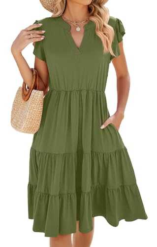 Women's Summer Dresses with Pockets Ladies Casual Dresses Boho Tiered Floaty Dresses V Neck A Line Dress Short Sleeve Ruffle Sundress Soft Holiday Dresses Beach Dresses Elegant