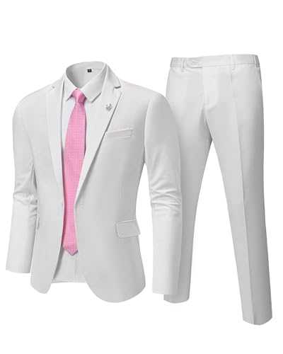 Hihawk Men's 2 Piece Slim Fit Suit with Stretch Fabric, Solid One Button Blazer Jacket Vest Pants Set with Tie.