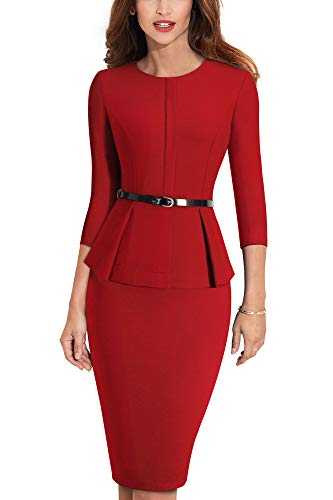 HOMEYEE Women's Elegant Round Neck Peplum Belt Business Dress B473 (UK 16 = Size XXL, Red)