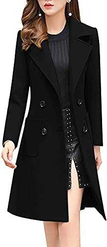 Lazutom Women's Elegant Solid Color Mid-Length Coat Notched Collar Double Breasted Wool Blend Outwear Winter Coat