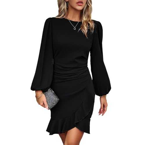 TcIFE Womens Casual Dress Long Sleeve Ladies Bodycon Ruched Ruffle Hem Mini Dress Slim Fit Elegant Sexy Party Club Dresses