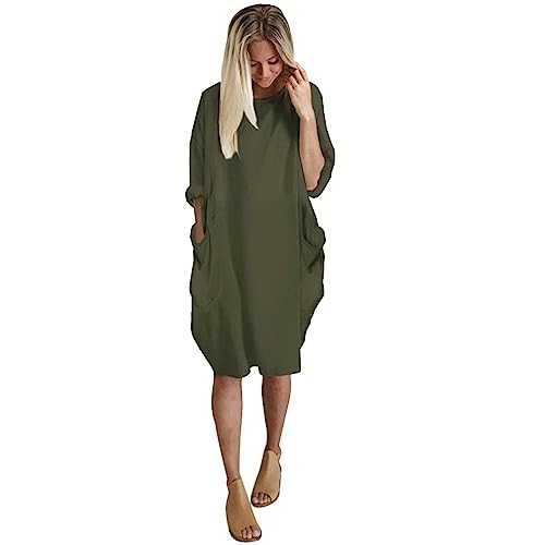 Women's Pocket Loose Dress Ladies Round Neck Casual Knee Length Dress Travel Dress Tiered Dresses for Women UK Womens Jumper Dress UK Long Sleeve Maxi Dress Pink Skater Dress Women