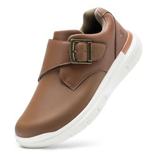 FitVille Extra Wide Slip on Leather Shoes for Men Wide Fitting Edema Recovery Leather Oxford Diabetic Shoes for Wide Feet Hook & Loop