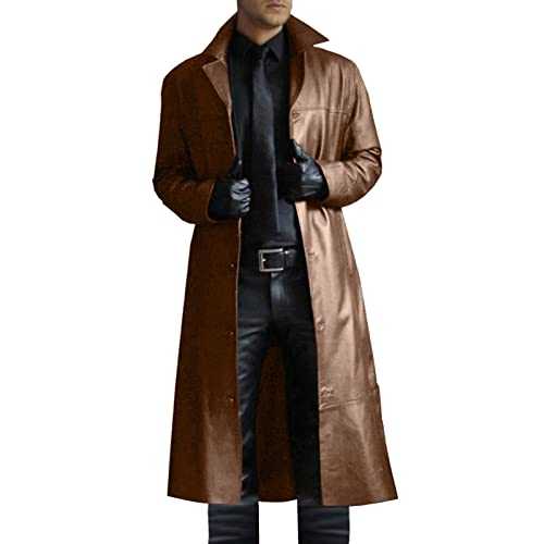 Mens Leather Jacket Long Trench Coat Sale Windbreaker Gothic Faux Leather Steampunk Overcoat Full Length Clearance Winter Casual Outwear Lapel Bomber Motorcycle Coat Biker Jacket UK Plus Size 8-22