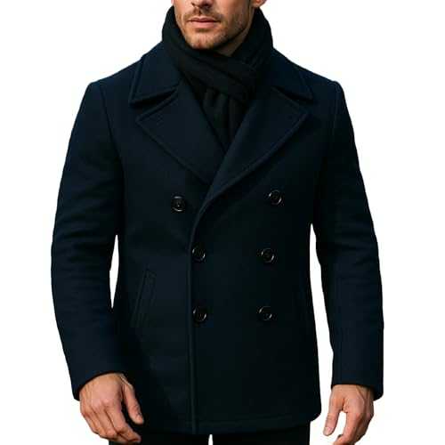 Fashion_First Mens Wool Navy Blue Peacoat - Mens MI 6 Double Breasted Winter Coat