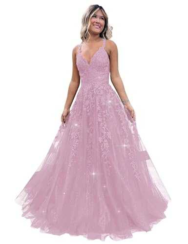 Glitter Tulle Prom Dresses for Women 2023 V Neck Lace Appliques Long Ball Gowns Spaghetti Straps Formal Evening Dress