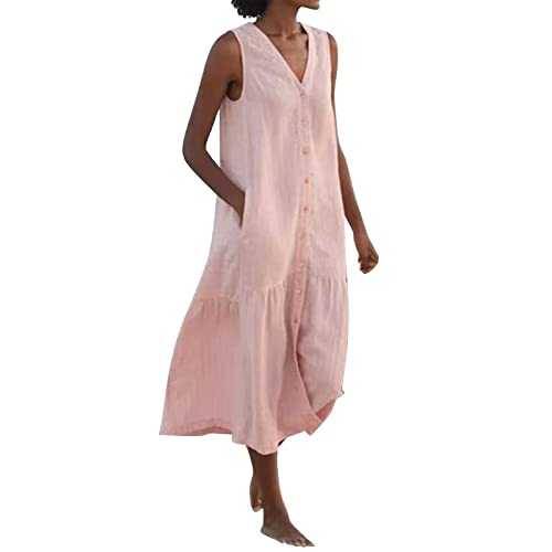 Keepink Ladies Dresses Size 8-16 Clearance Cotton/Linen Summer Maxi Dresses for Women UK Casual Sleeveless Dress with Pockets Dress Oversize Shirt Sun Dresses Midi Beach Dresses