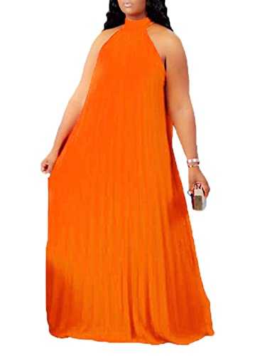 Aro Lora Womens Casual Sleeveless Plus Size Chiffon Halter Neck Pleated Loose Long Maxi Dress