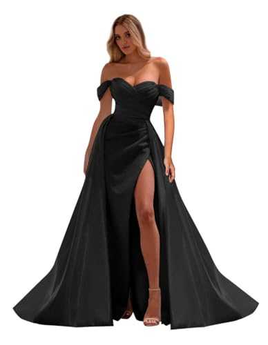 LANGKAAO Women's Off The Shoulder Prom Dresses Long Ball Gown Satin Mermaid Formal Evening Gown with Train