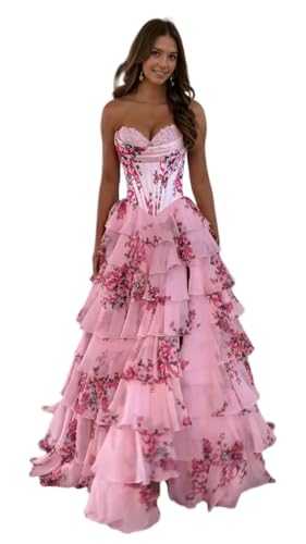 BITYIO Strapless Floral Prom Dresses Long Tiered Chiffon Ball Gown Corset Sweetheart Formal Evening Gowns for Women