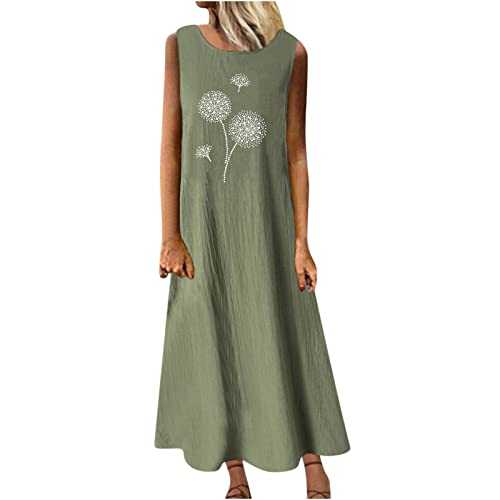 AMhomely Summer Dresses for Women UK Plus Size Italian Linen Dresses Sleeveless Beach Dresses Dandelion Print Casual Dress Floral Loose Maxi Dresses Crewneck Long Sun Dresses Holiday Party Dress