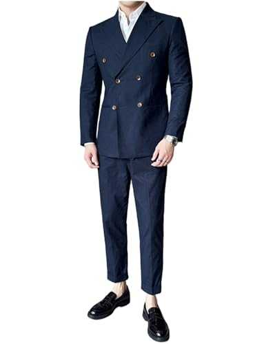 Ulnomio Men's Linen Two-Piece Double Breasted Buttons Peak Lapel Suit Set Dinner Casual