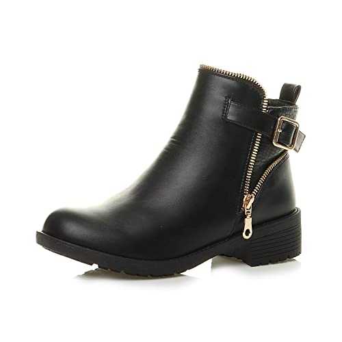 AJVANI Womens ladies chunky low heel buckle gold decoration zip chelsea biker ankle boots booties size