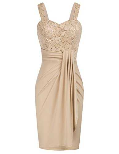 GRACE KARIN Women Round Neck Strap Sleeveless Sequins Lace Pleated Hips-Wrapped Pencil Dress