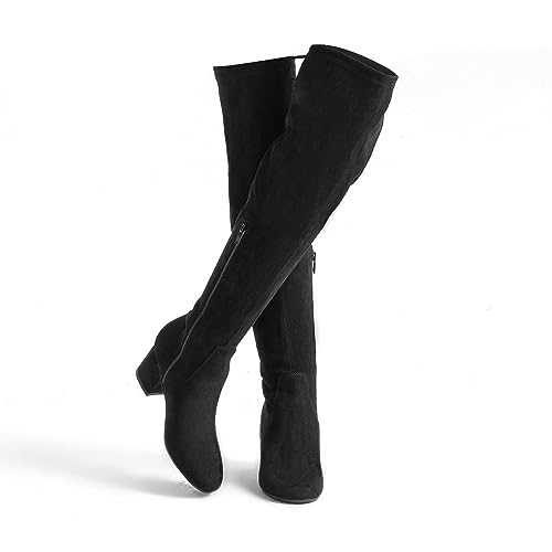 EETTARO Women's Over The Knee Boot Thigh High Block Heel Stretch Boots Fashion Side Zip Almond Toe Winter Booties