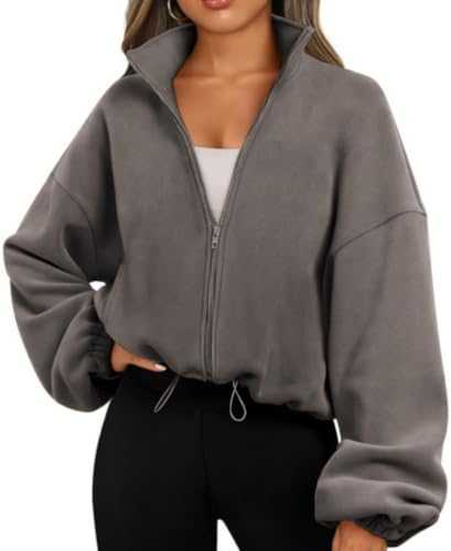 Famulily Womens Cropped Fleece Sweatshirt Long Sleeve Zip Up Crop Workout Tops With Drawstring