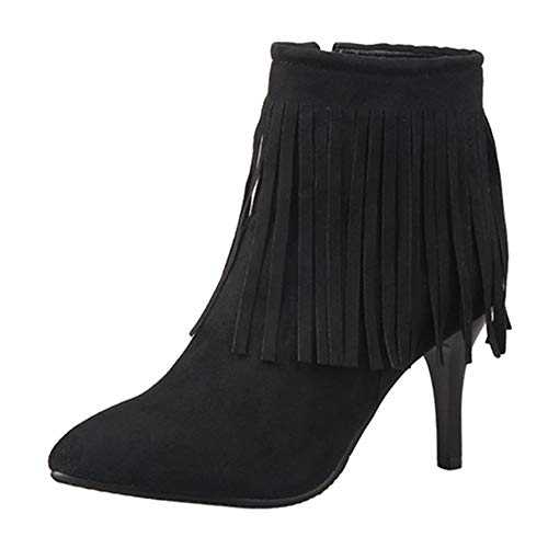 Mo Joc Women Sexy Ankle Tassel Boots with Stiletto Heels and Pointed Toe