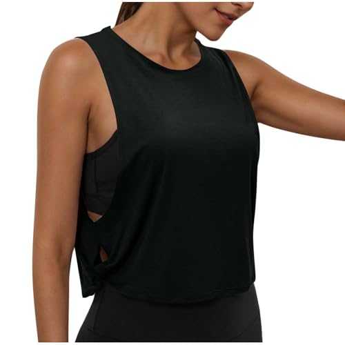 Women's Pima Cotton Summer Gym Sleeveless Vest Tops for Women Light Elastic Running Crop Top Loose Crew Neck Yoga Shirt Athletic Shirts Side Hollowout Tank Top Sports Vests Women