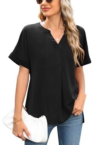 Yommay Chiffon Blouses for Women V Neck Ladies Tops Pleated Tunic Short Sleeve T Shirts