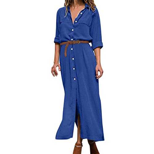 Women's Long Sleeve Work Shirt Dresses Solid Colour Lapel Neck Long Dress with Belts Button Down Maxi Split Dress Loose Casual Elegant Formal Dresses UK Sale