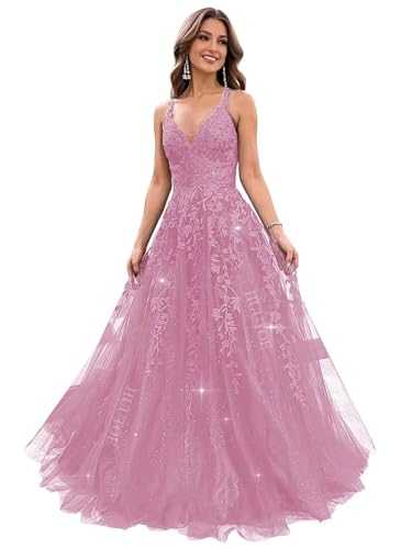 Glitter Tulle Prom Dresses 2024 V Neck Lace Appliques Long Ball Gowns for Women Formal Spaghetti Straps Wedding Dresses