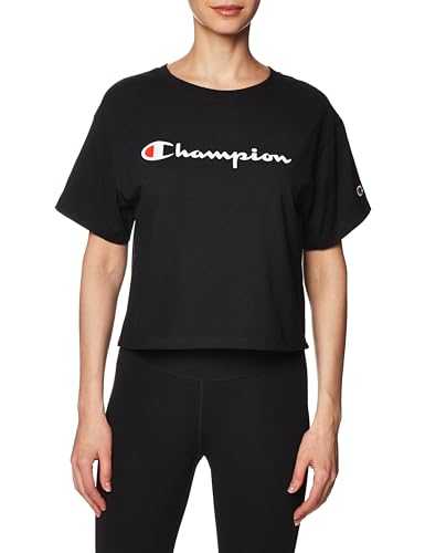 Champion Women's The Cropped Tee T-Shirt, Black Script, S