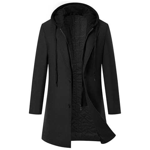 JEKE-DG Men's Hoodie Wool Coat Long Winter Wool Blend Trench Jacket Single Fit Breasted Stylish Overcoat
