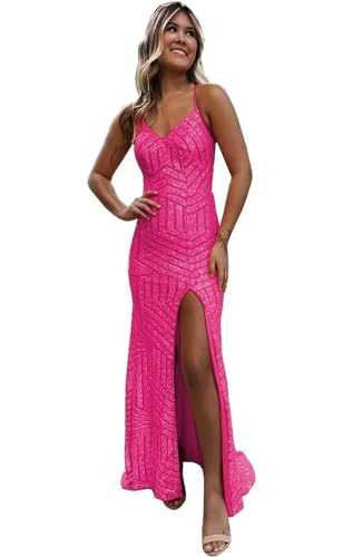 YOFF Sparkly Sequin Prom Dresses Long with Slit V-neck 2024 Spaghetti Straps Mermaid Formal Evening Party Gowns YO118