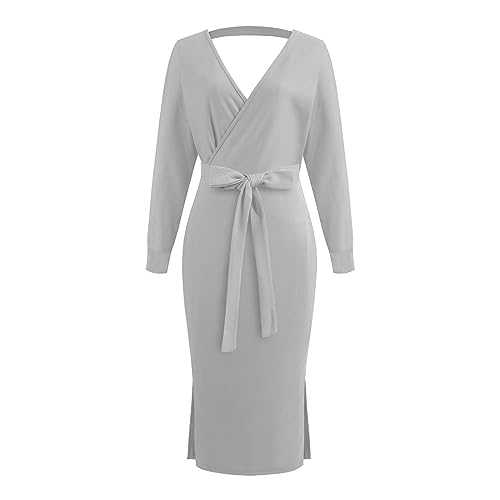 Women's Spring and Autumn Leisure Loose Sexy Long Sleeve Deep V Large Neckline Belt Large Open Back Long Knitted Dress A Dress Women Sparkly Dresses for Women UK Plus Size Cold Shoulder Dresses