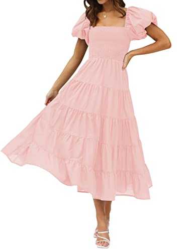 ZESICA Women's Summer Dress 2023 Square Neck Short Puff Sleeve Solid Color High Waist Casual Smocked Flowy A-line Tiered Midi Dress