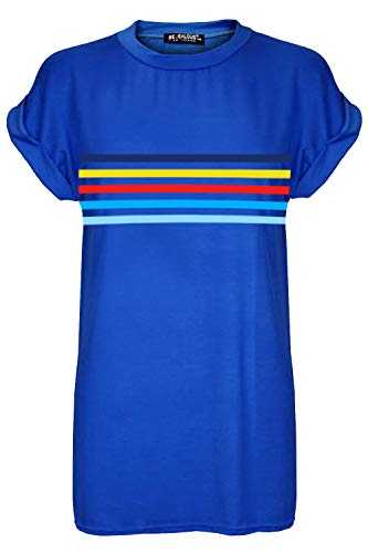 MBN Womens Ladies Rainbow Stripes Oversized Baggy Turn Up Sleeve Basic T Shirt Top