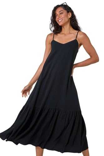 Dusk Plain Strappy Tiered Maxi Dress for Women UK - Ladies Autumn Everyday Winter Holiday V-Neckline Comfy Sleeveless Soft Linen Blend Frock Office Desk Gowns