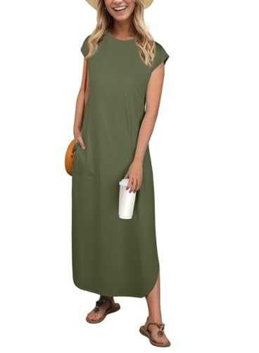 PrinStory Women's Maxi Dress with Pockets Cap Sleeves Summer Dresses for Ladies Casual Lightweight Sundress Beach Party Office Wear