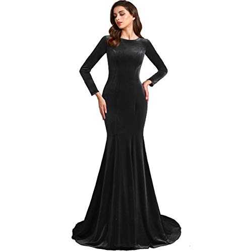 SSPbridal Jewel Neck Velvet Long Sleeves Evening Prom Dresses Mermaid Court Train Party Gowns Formal Zipper Back pp124, Black, 12