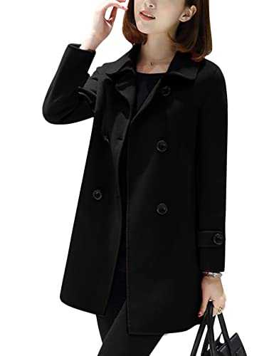 Tanming Women's Winter Double Breasted Coat Black Wool Peacoat Long Sleeve Trench Coat