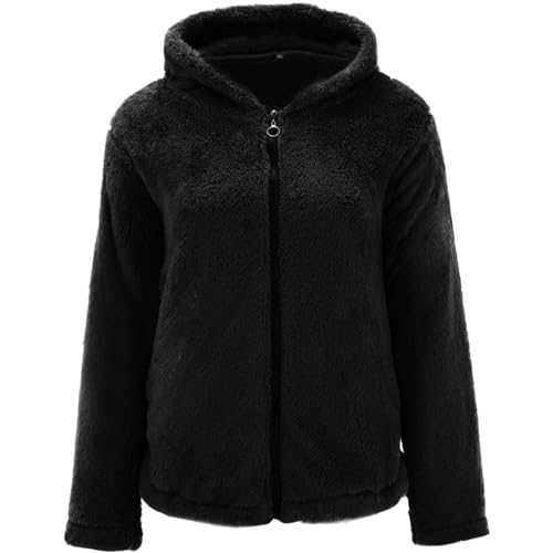 EslQiviut Women's Fleece Jackets Winter Warm Teddy Hooded Cardigan Casual Soft Fluffy Coats Long Sleeve Solid Color Plus Size Slim Trench Coat Ladies Jumpers Outwear