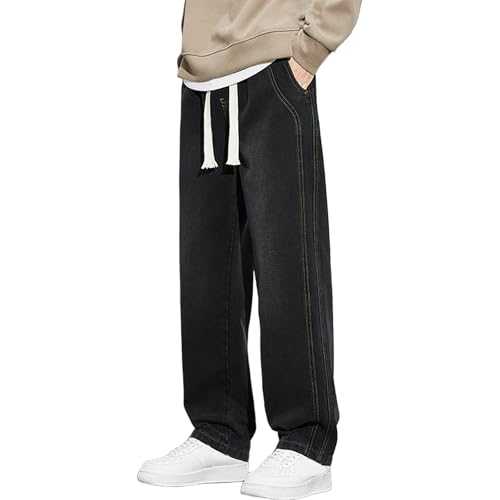 Men's Denim Pants Loose Fit Jeans Drawstring Elastic Waist Baggy Trousers Straight Wide Leg Denim Jeans Pants Casual Street Lightweight Trousers Leisure Workwear