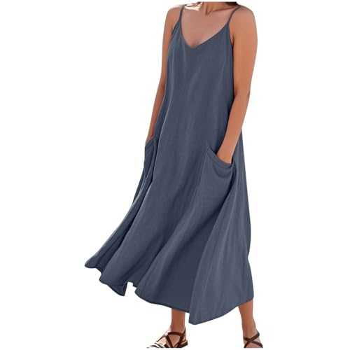 Women's Linen Dresses Summer Sleeveless Midi V Neck Dress Cotton Linen Spaghetti Strap Casual Loose Knee Length Cover Up Solid Color Elegant Holiday Beach Sundress with Pockets