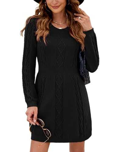 Nadeer Jumper Dress for Women Crew Neck Sweater Dress Winter Elegant Cable Knit A-line Long Sleeve Dress Ladies Knitted Pullover Bodycon Mini Dress Casual Knitwear