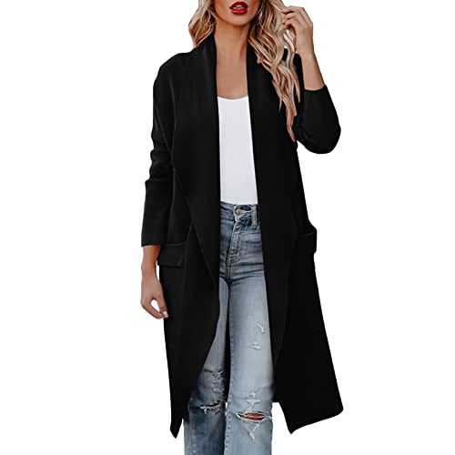 Buetory Womens Duster Trench Coat Elegant Casual Lapel Open Front Draped Wool Blend Pea Coat Outerwear Windbreaker