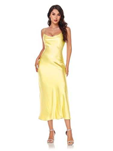 Women's Spaghetti Strap Midi Satin Silk Dresses Slip Cowl Neck Party Cocktail Evening Sexy Dress