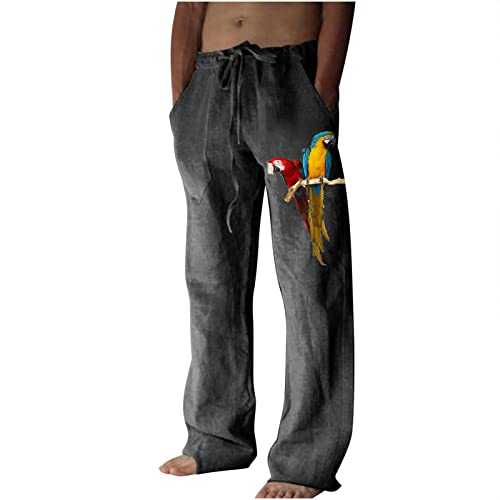Men's Cotton Linen Pants Clearance Mens Cargo Trousers Parrot Printed Sports Pant Wide Leg Sweatpants Summer Baggy Animal Military Cargo Pant Jogging Tracksuit Bottoms Workwear Loose Overalls