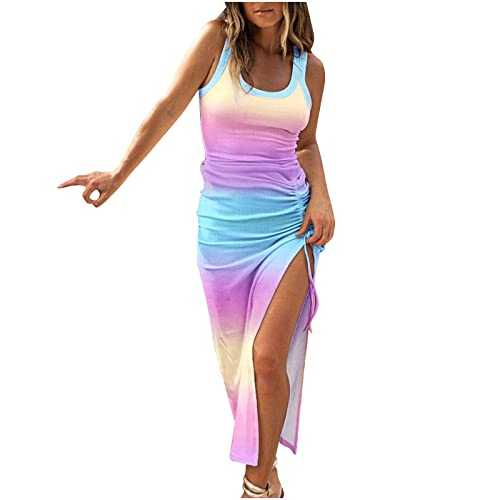 Casual Dresses for Women UK High Slit Sleeveless Maxi Dress Ribbed Drawstring Summer Sundress Boho Beach Party Tank Dresses Slim Fit Knit Stripted Color Block Long Vest Dress