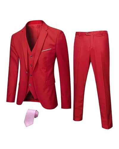 Hihawk Men's 3 Piece Suit with Stretch Fabric, Solid Slim Fit One Button Suit Blazer Set, Jacket Vest Pants with Tie.