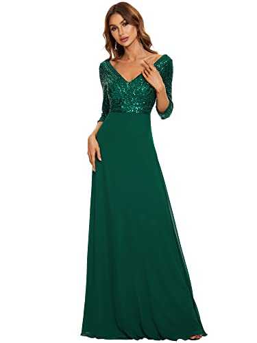 Ever-Pretty Women's V Neck Long Sleeve Elegant A Line Floor Length Long Chiffon Evening Dresses with Sequin 00751