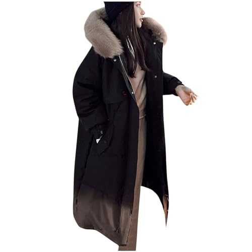 Yolimok Women's Puffer Down Coat Long Winter Jacket with Faux Fur Trim Hood Zipper Parka Hooded Jacket Long-Sleeve Windproof Hooded Overcoats Plain Outdoor Cotton Coat with Pockets