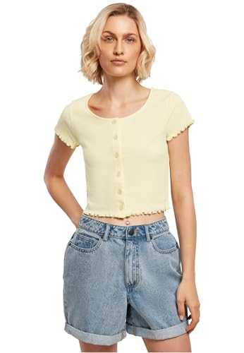 Urban Classics Women's Ladies Cropped Button Up Rib Tee T-Shirt