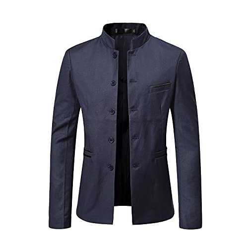 Mens Blazer Jacket Plain Button Down Chinese Collar Grandad Suit Jacket Slim Fit Solid Suit Blazer Mens Slim Fit Wool Blend Trench Coat Single Breasted Pea Coat Business Fall Overcoat Plus Size