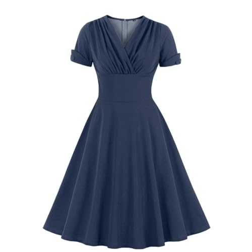 Wellwits Women's V Neck Wrap High Waist Solid Retro 40s 50s 60s Vintage Dress