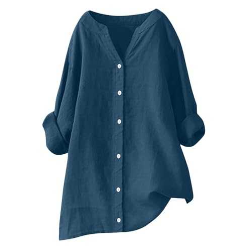 Women's Cotton Linen Tops UK Summer Loose Comfortable Button Up Shirts Casual Trendy Solid Color V-Neck Rolled Up Sleeve Blouses Outdoor Tunic Ladies Today's Deals